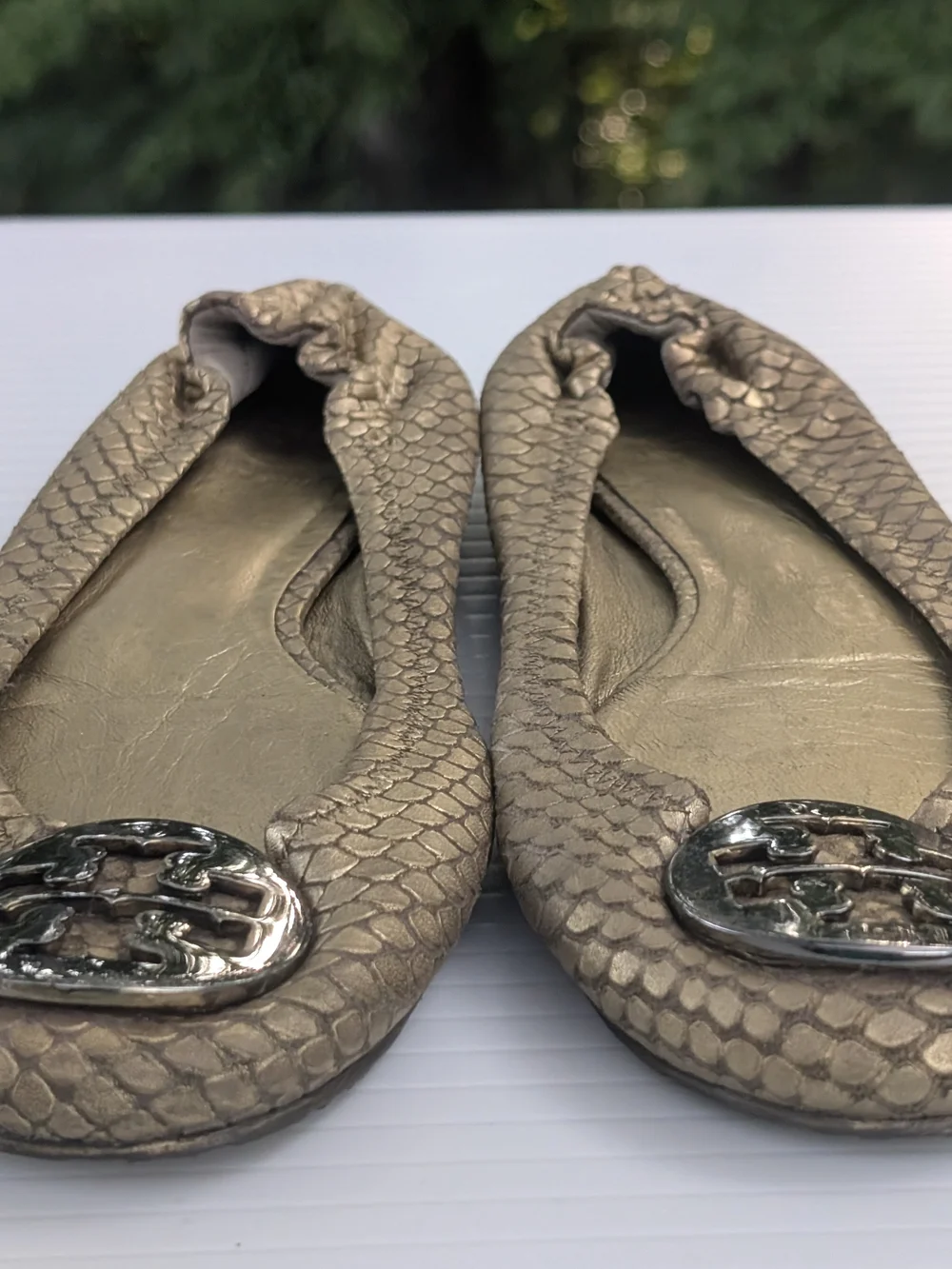 Tory Burch Reva Metallic Bronze Snake-Embossed Ballet Flats with Logo